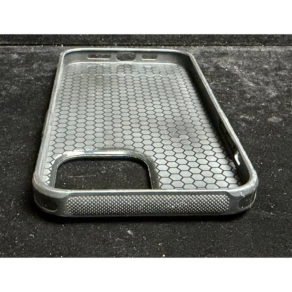 iPhone 14 Pro Max Case: Brown Faux Leather, Honeycomb Shockproof, Gray Frame